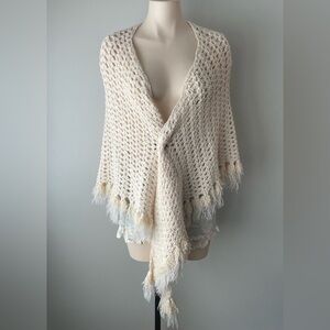 Vintage Crochet Open Knit Boho Shawl Wrap Poncho Tassel Fringe Handmade